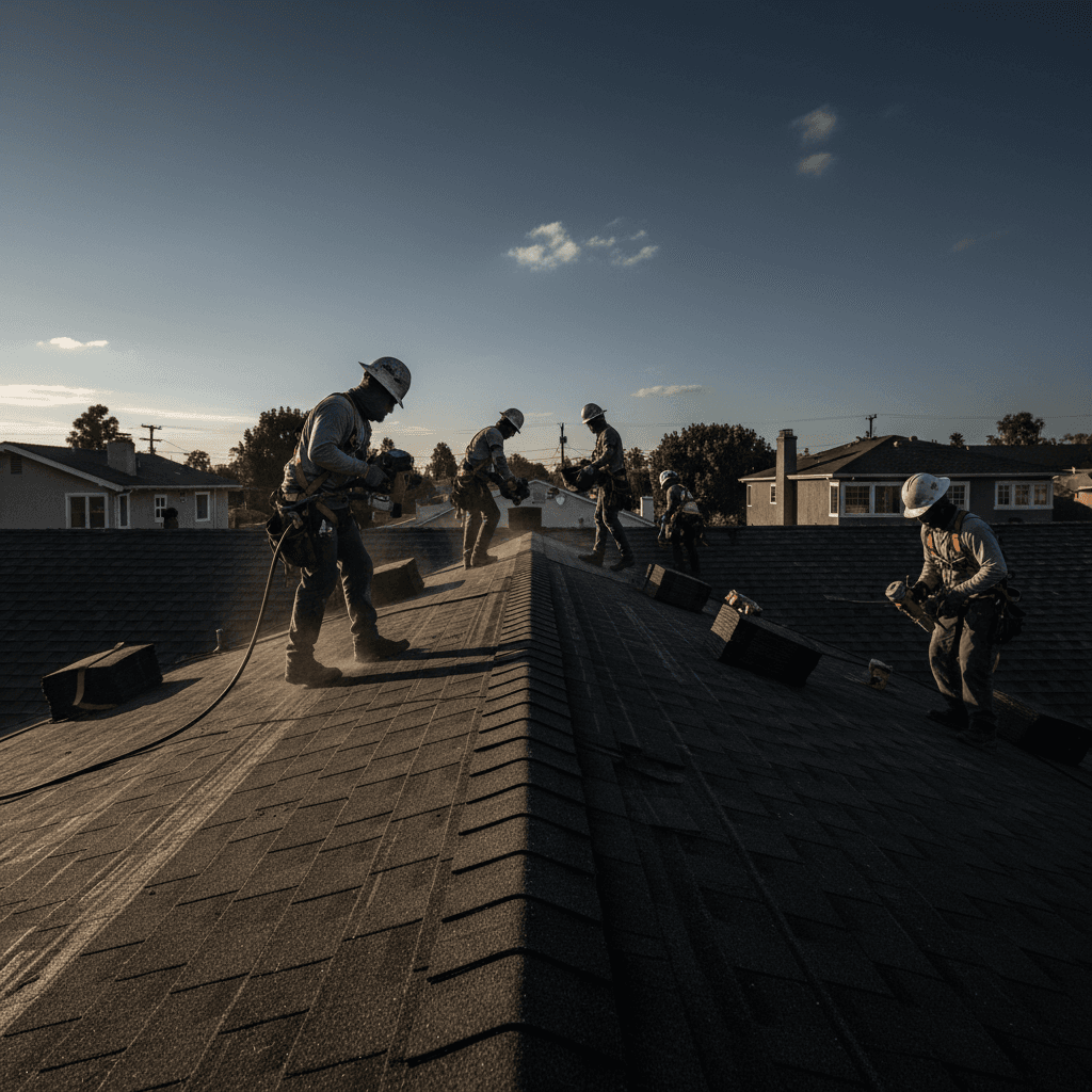 Professional roofers installing durable roofing system