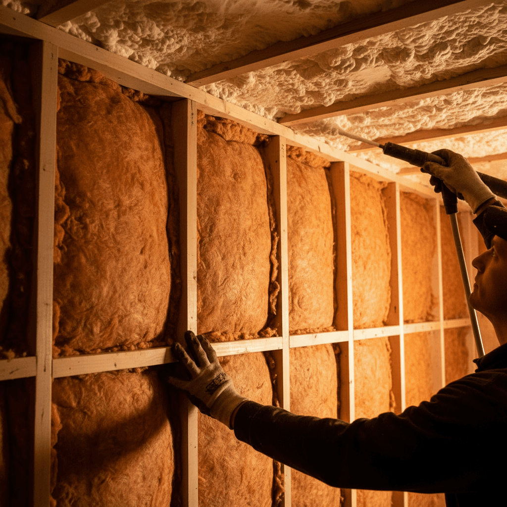 Contractor installing attic wall insulation