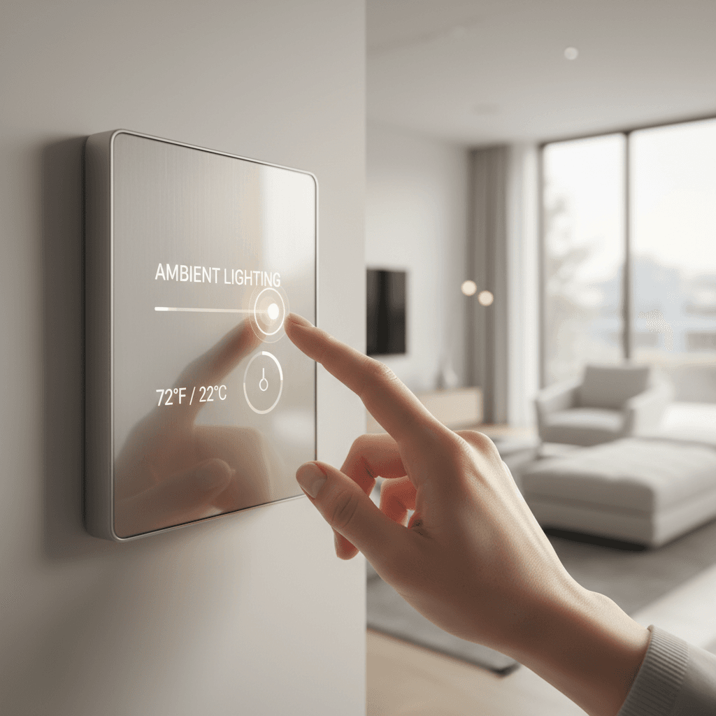 Homeowner using modern smart home control panel for lighting and climate automation
