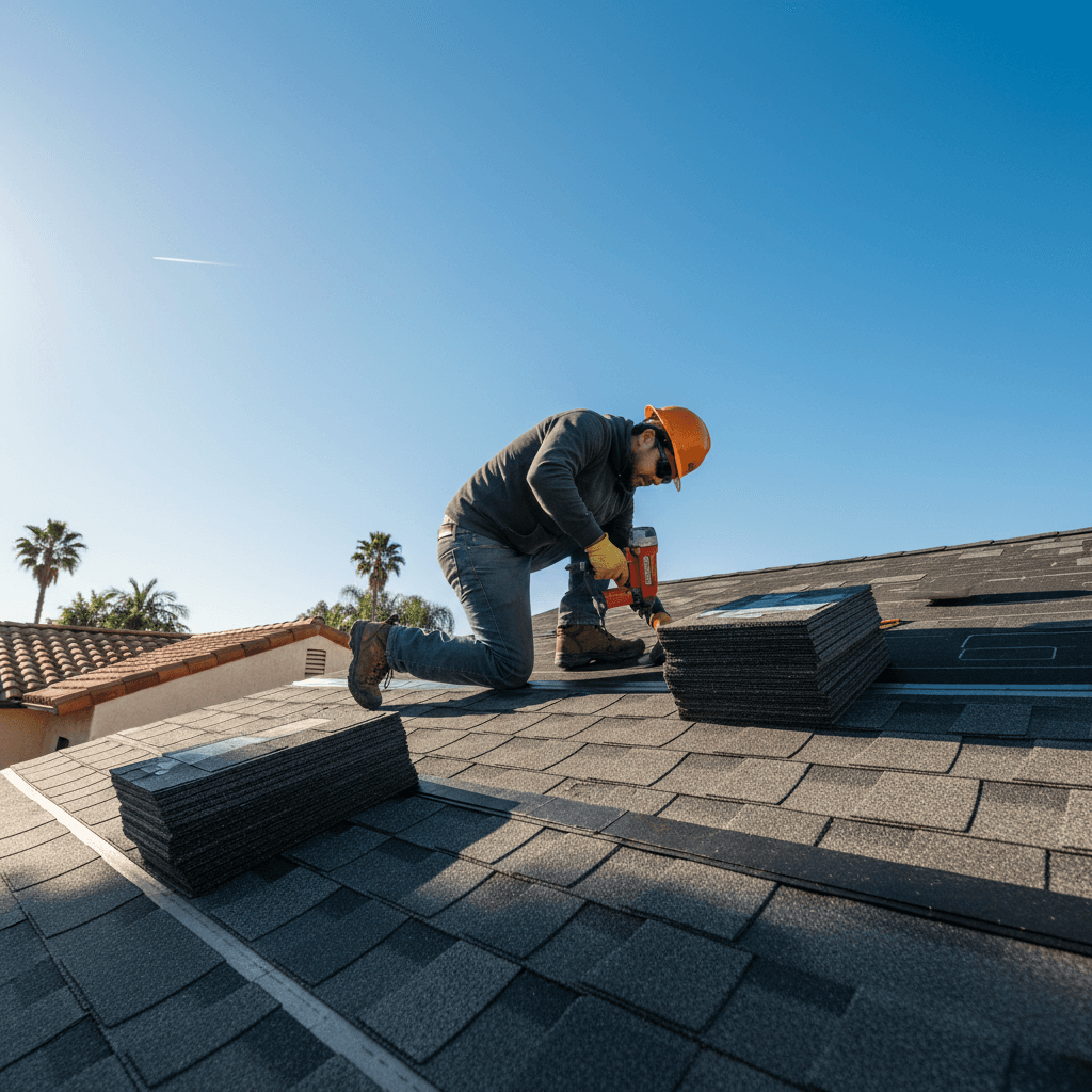Professional roofer installing durable roofing materials on residential home