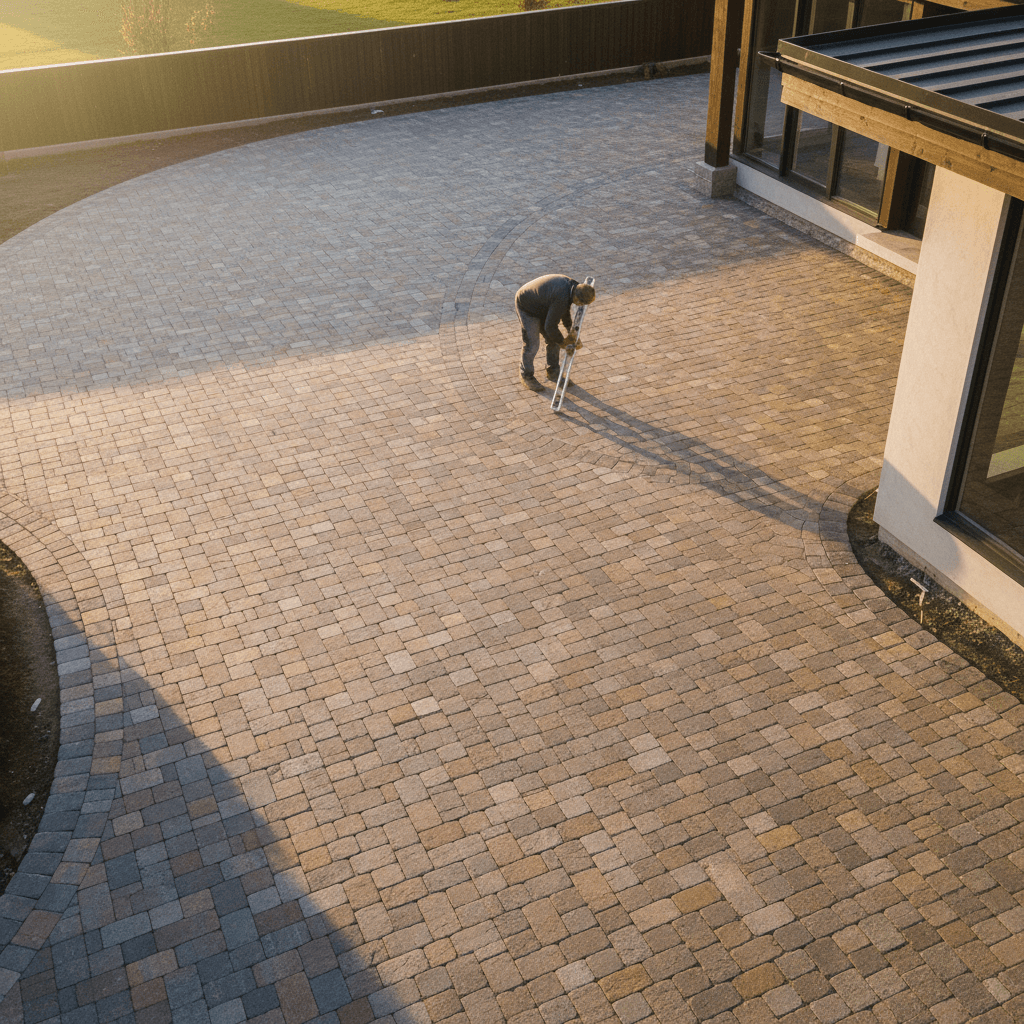 Newly installed custom paver driveway and patio with geometric patterns and natural stone finish