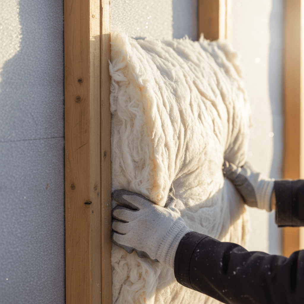 Gloved hands installing thermal insulation between wooden wall studs in bright natural light