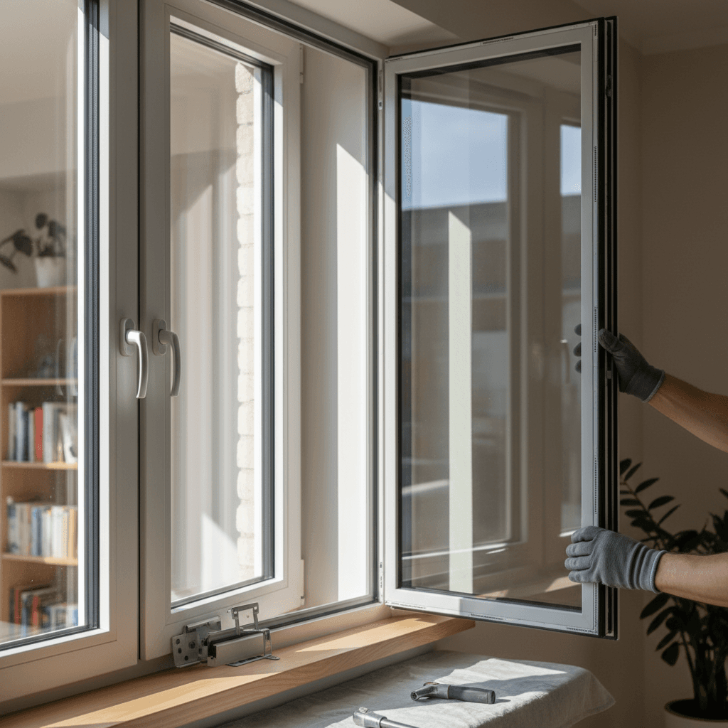 Technician carefully installing triple-glazed window panes with precise hand positioning and visible metal hardware framing