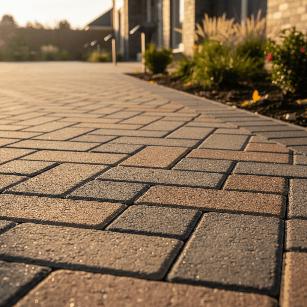 Close-up detail of interlocking pavers in herringbone pattern with morning sunlight casting shadows across stone texture