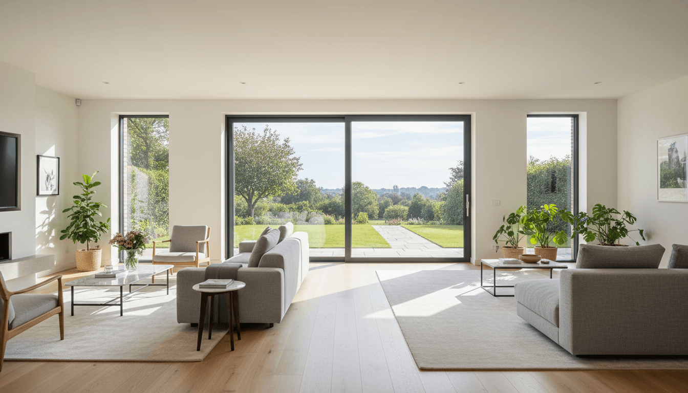 Modern living room with newly installed premium patio doors and matching windows flooding space with natural light