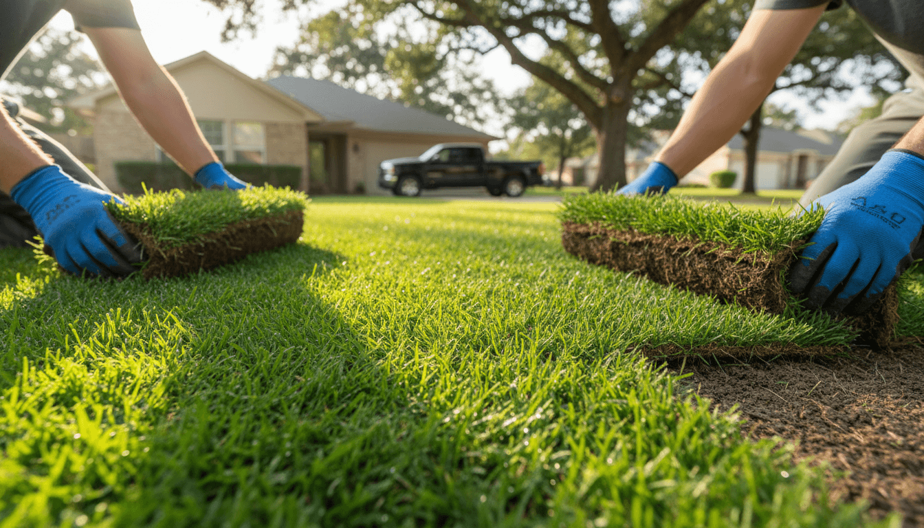 Two workers' hands carefully positioning fresh sod rolls during lawn installation at a residential property
