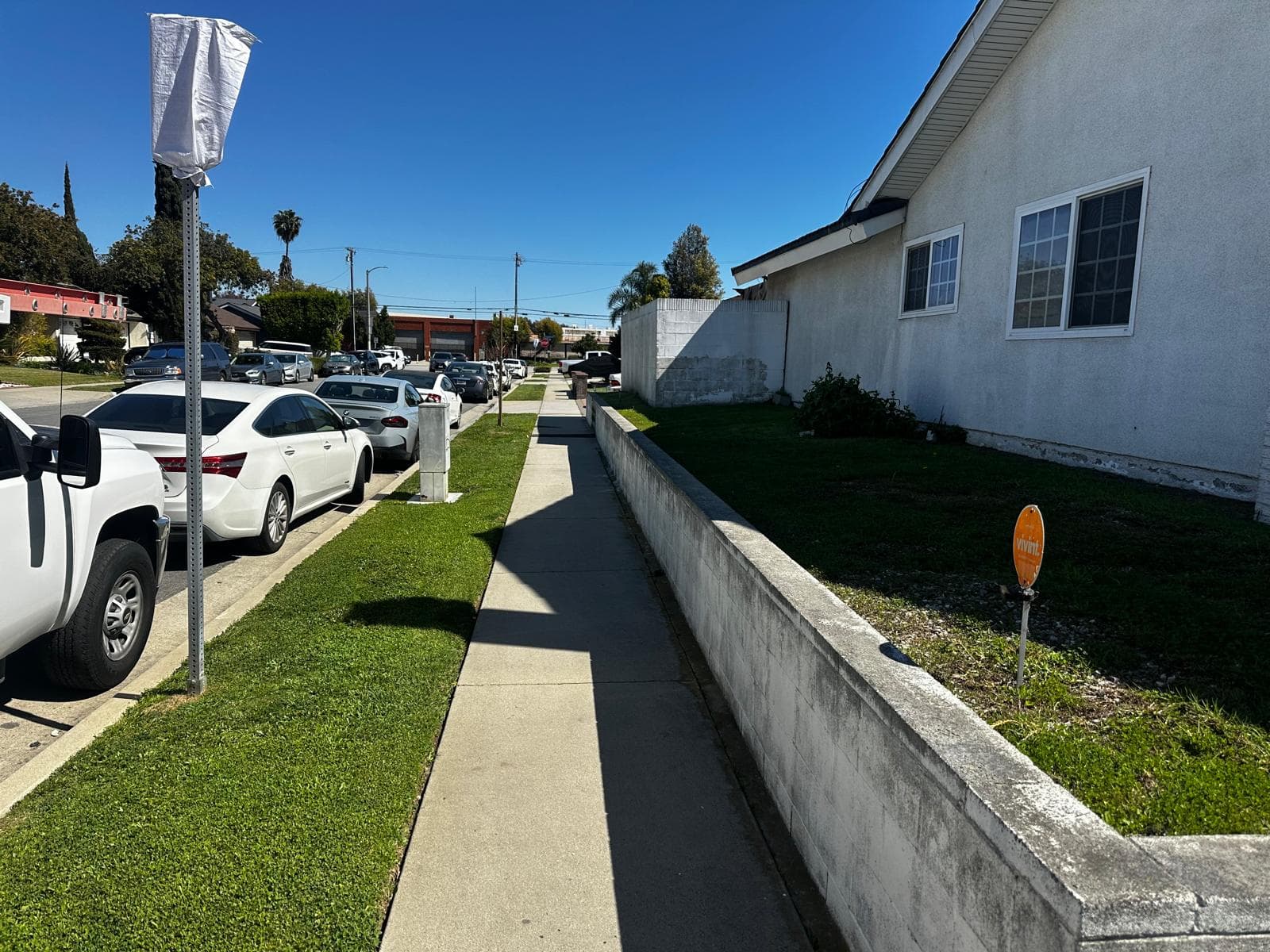 Sunny suburban sidewalk bordered by a concrete wall, parked cars, and a white house.